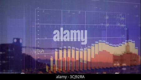 Displaying 3D bar chart rising over urban skyline at dusk, with grid overlay and numeric labels Stock Photo
