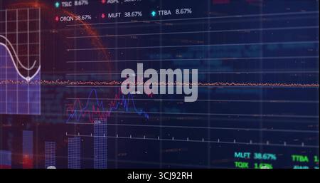 Red-blue graphs fluctuating on trading dashboard, with % labels and orange particle effects Stock Photo