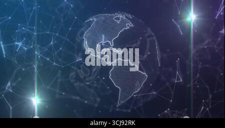 Floating wireframe globe illustrating Americas among network nodes, with lit lines and lens flares Stock Photo