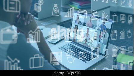 Woman wearing blouse resting chin on hands in office, with laptop notebook mouse, copy space Stock Photo