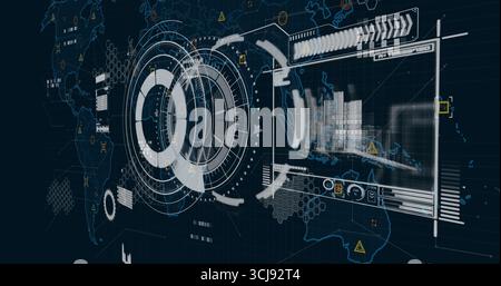Displaying holographic circular UI on digital dashboard, with data panel and warning icons Stock Photo
