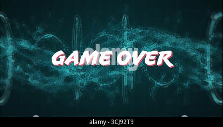 Displaying stylized GAME OVER text floating over digital backdrop, with waveforms and data streams Stock Photo