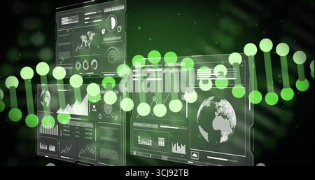 Displaying green DNA helix across data interface, showing UI panels of charts, maps and icons Stock Photo