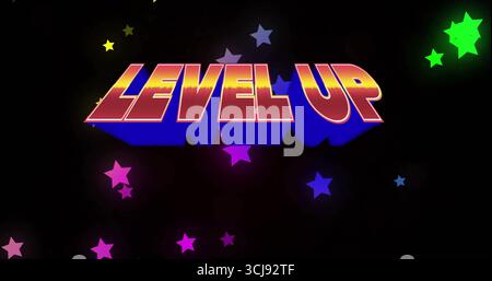 Displaying bold 3D LEVEL UP lettering on gaming achievement screen, with neon star accents Stock Photo