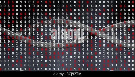 Featuring 3D double-helix strand over digital backdrop, showcasing white and red binary code Stock Photo