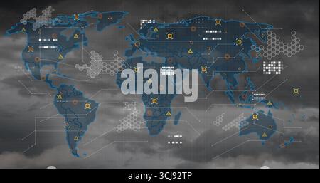 Displaying world map graphic on dark data interface, with hex grids, warning icons, circular nodes Stock Photo
