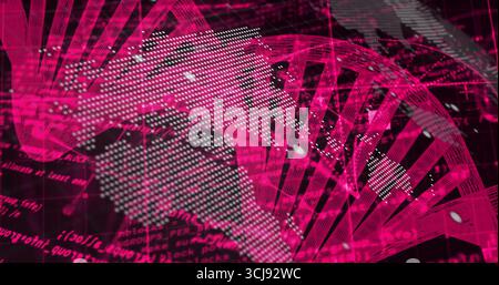 Displaying dotted Americas map over double helix wireframe in interface with code and grid overlay Stock Photo