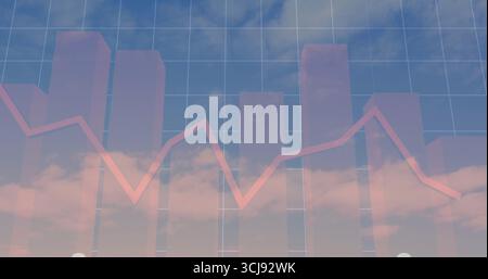 Displaying translucent bars with overlaying pinkish-red line graph over sky grid, showing data Stock Photo