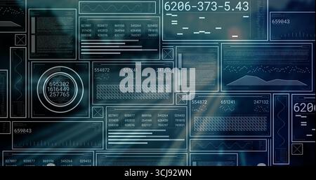 Displaying digital dashboard floating over blue backdrop, with data panels showing graphs and code Stock Photo