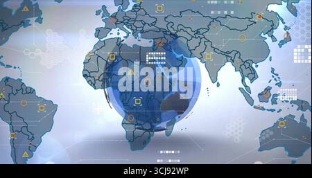 Presenting 3D globe highlighting Africa on digital interface, with hex grids and circles Stock Photo