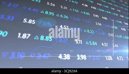 Displaying blue line chart on grid and floating values on screen, arrows marking highlighted point Stock Photo