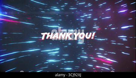 Displaying THANK YOU text in abstract digital space, with radiating blue and pink light streaks Stock Photo