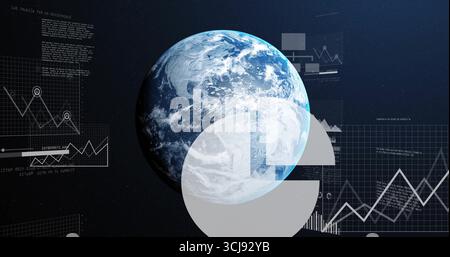 Rotating 3D Earth globe showing pie chart segment on cosmic digital dashboard, with line graphs Stock Photo