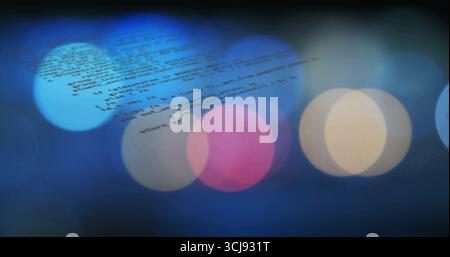 Showing floating software code lines in digital environment, with defocused blue pink yellow bokeh Stock Photo