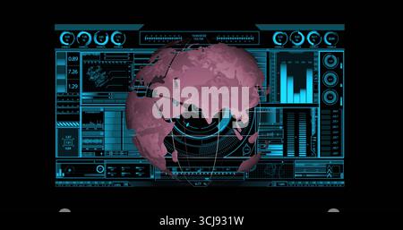 Displaying 3D Earth globe pulsing in pink with radial grid on digital dashboard, with gauge meters Stock Photo