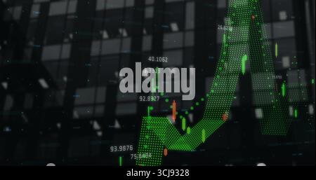 Displaying chart overlay on office building windows with dotted wave, candlestick bars, data labels Stock Photo