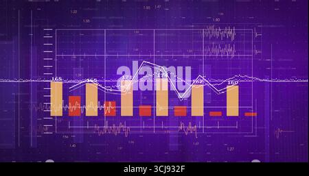 Displaying combined bar and line chart on dashboard grid, with numeric labels and dotted trend line Stock Photo
