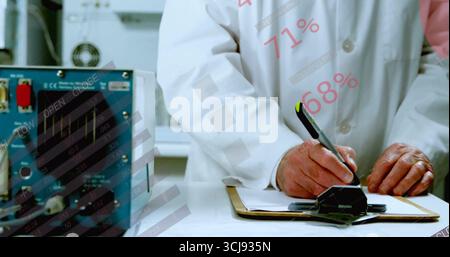 Tech in lab coat monitoring, writing on clipboard at bench, with blue control unit, copy space Stock Photo