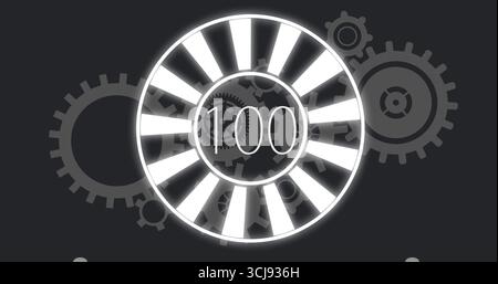 Displaying circular progress meter showing 100 on digital graphic with gear and cog silhouettes Stock Photo