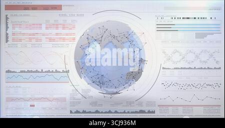 Displaying central Earth globe on virtual console, with nodes, connecting lines and data panels Stock Photo