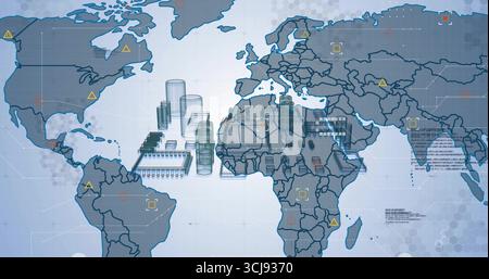 Displaying stylized world map overlaying blue hex grid, highlighting server towers and chip grids Stock Photo