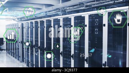 Displaying server cabinets glowing with blinking LEDs in data center, with floating interface icons Stock Photo