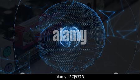 Floating holographic globe displaying digital network nodes in tech lab, with wireframe connections Stock Photo