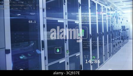 Displaying server racks in glass-doored cabinets lining data center corridor, with digital overlays Stock Photo