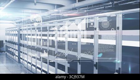 Displaying server racks projecting holographic data in data center hallway with floor and cables Stock Photo