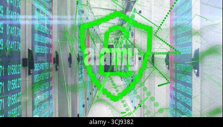 Hovering shield with unlocked padlock highlighting server racks in server room, with data streams Stock Photo