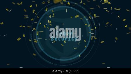 Showing interface with shield, rings on navy backdrop, floating gold confetti and Cyber Security Stock Photo