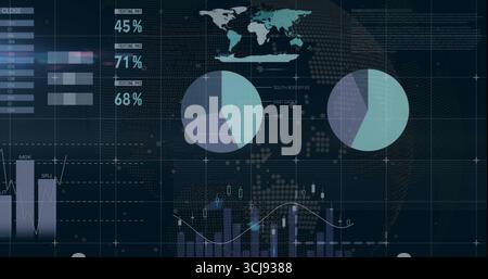 Displaying dark dashboard in UI, showing world map, pie charts, bar charts and percentage readouts Stock Photo