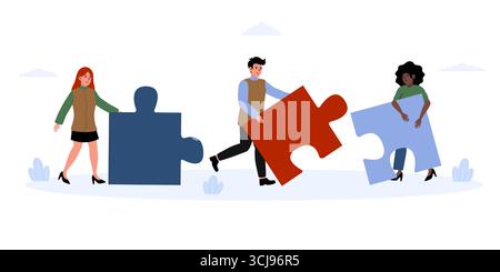 Team members collaborate to assemble large puzzle pieces outdoors in a bright, cheerful environment Stock Vector