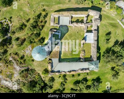 Aerial top down ground plan view of Stegeborg castle in Sweden with round tower and square floor plan Stock Photo