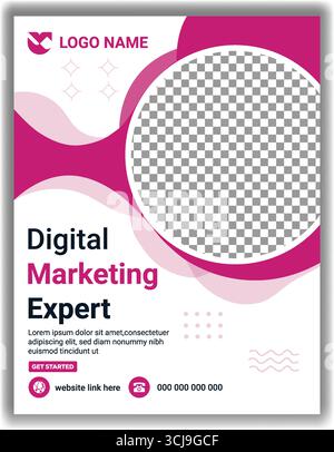 Digital Advertising Expert Flyer Template  Creative Corporate Promotion Vector Design in Pink and White Theme Stock Vector