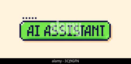 Green speech bubble with text AI assistant. Pixel Y2K user interface button.  Stock Vector