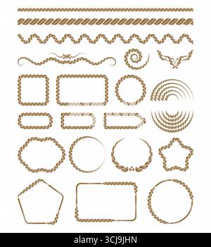 Collection of decorative rope frames, borders, and shapes in various styles, for labels, invitations, and vintage design projects Stock Vector