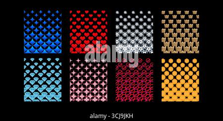 Collection of seamless patterns featuring hearts, crowns, smileys, gems, and more, in bright colors, perfect for decoration, textiles Stock Vector