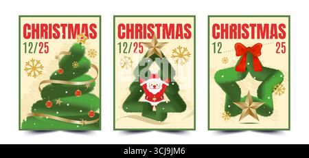Set of cheerful Christmas poster designs featuring plush-style trees and star. For cozy seasonal greetings, festive prints, children’s holiday project Stock Vector