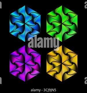 A bold collection of glowing hexagonal spiral designs with vivid gradients and symmetry, ideal for digital art, posters, and modern creative visuals. Stock Vector