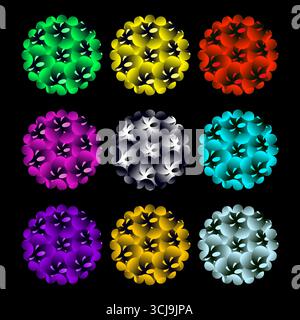 A creative set of glowing spherical floral clusters in vivid hues, featuring symmetry and depth, perfect for digital decoration and abstract visuals. Stock Vector