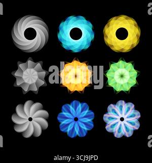 Glowing geometric flower symbols with vivid gradients and symmetry. Perfect for digital art, modern branding, abstract design Stock Vector