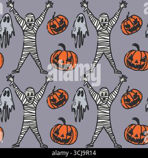 Halloween Pattern Featuring Pumpkins, Ghosts, and Mummies with Purple Background Stock Vector