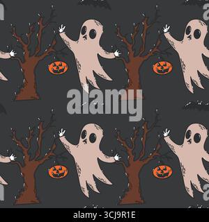 Seamless Halloween Pattern Featuring Spooky Ghosts, Pumpkins, Trees, and Flying Bats Stock Vector