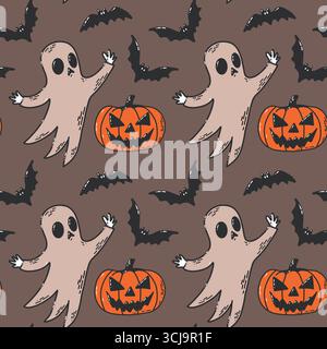 Seamless Halloween Pattern Featuring Ghosts, Pumpkins, and Flying Bats on Brown Background Stock Vector