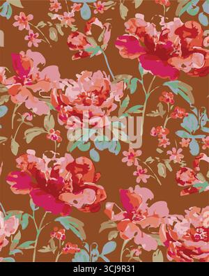 Big flowers pattern, upscale floral pattern. graphical textures floral, trendy colors pattern , flowers background with leaves. vector illustration Stock Vector