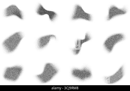 Grainy gradient shapes with pattern of noisy sand elements. Abstract stipple splashes on white background. Vector fluid shadows with dotted texture Stock Vector