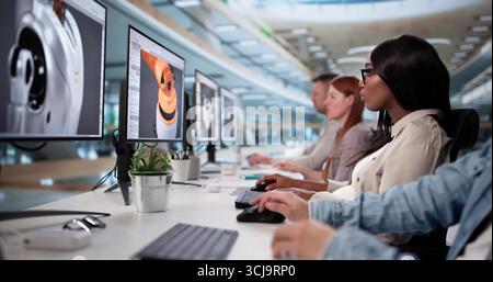 Diverse Team Developing Artificial Intelligence Products With 3D CAD Models Stock Photo