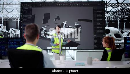 Multiracial Engineering Team Developing Electric Car Model With Precision Sensors Stock Photo