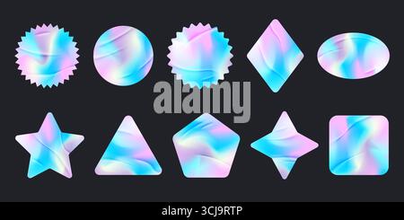 Holographic stickers. Gradient foil shapes. Vector neon iridescent emblems on dark background. Heart star and circle retro icons. Y2k symbols Stock Vector
